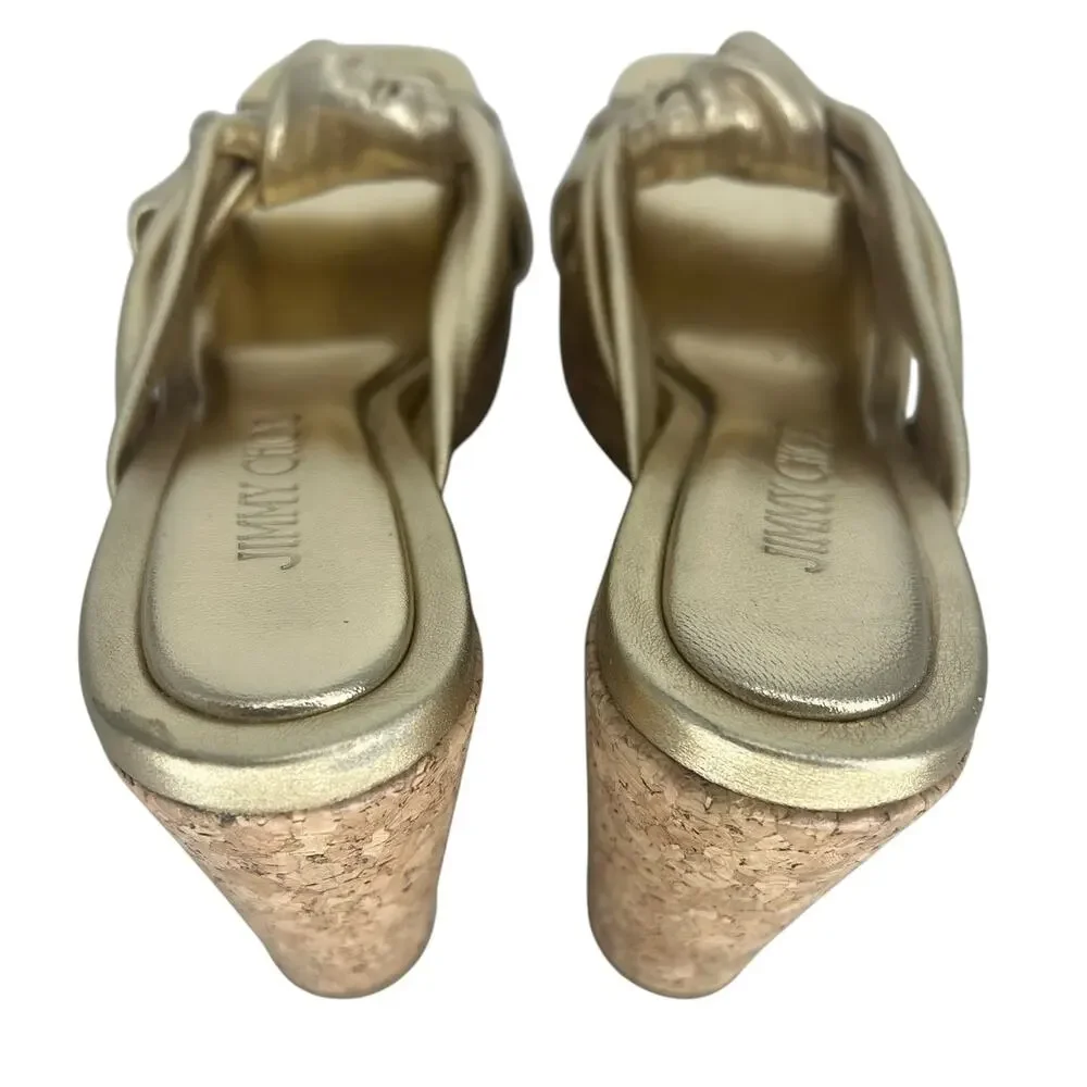 Jimmy Choo Avenue‎ Metallic Leather Cork Wedge Sandals Gold 37